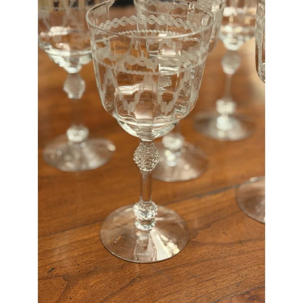 Set of 5 Fostoria Glass Castle Geometric‎ Needle Etch #87 Water Goblets 7.5